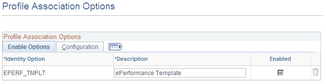 Profile Association Options page: Enable Options tab