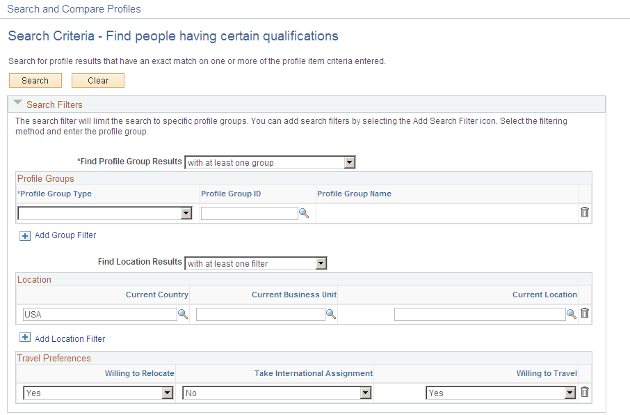 Search Criteria page showing the Search Filter section for finding a person