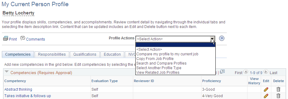 Example of the Profile Actions drop-down menu for a user