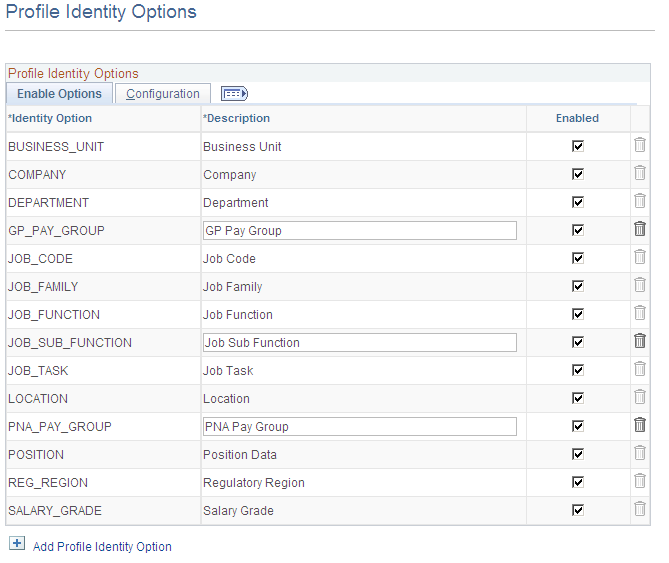 Profile Identity Options page: Enable Options tab