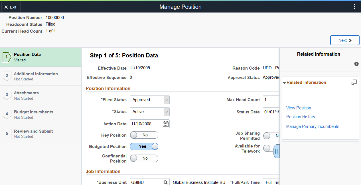 Supplementary Panel for the Manage Position pages