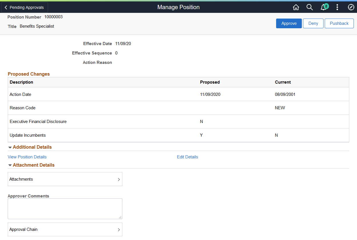 Pending Approvals - Manage Position page