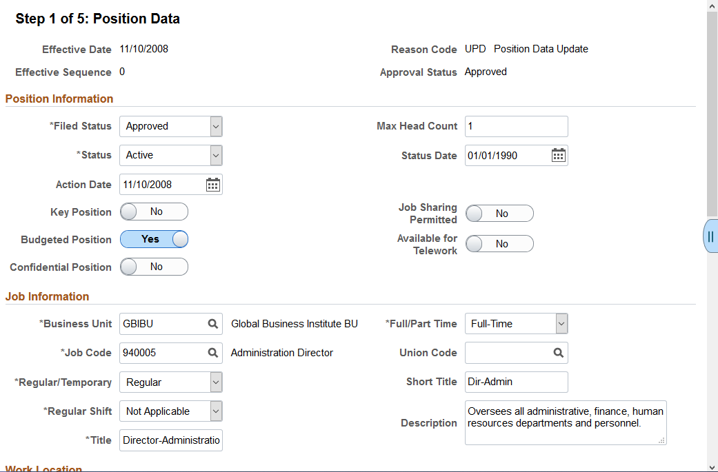Manage Position or Create Position - Position Data page (1 of 3)