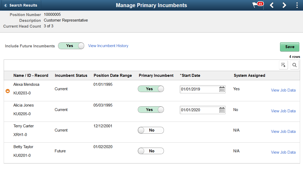 Manage Primary Incumbents page