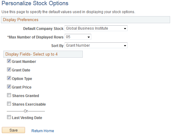 Personalize Stock Options page