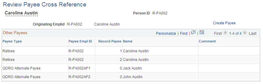 Review Payee Cross Reference page
