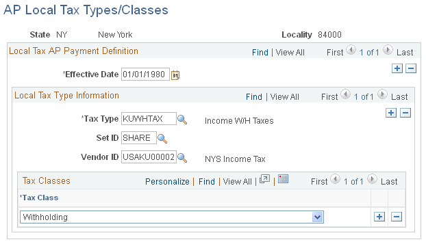 AP Local Tax Types/Classes page