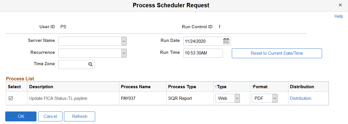 Update FICA Status on Paylines - Process Scheduler Request page (PAY037)