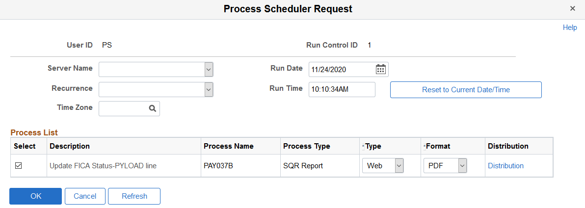 Update FICA Status on Paylines - Process Scheduler Request page (PAY037B)