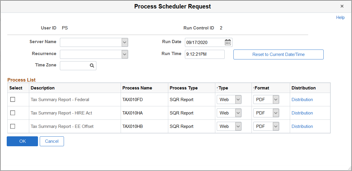 Federal Tax Summary Report - Process Scheduler Request page