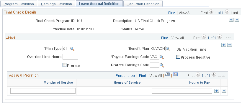 Final Check Program Table - Leave Accrual Definition page