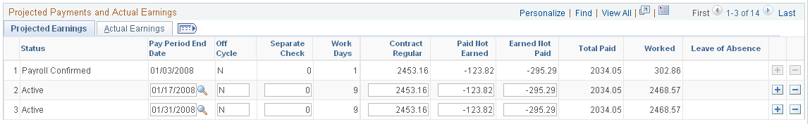 Contract Payment Details page (3 of 4) Projected Earnings tab