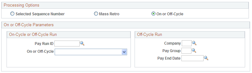 The On-Cycle or Off Cycle Parameters group box appears when you choose to process on or off-cycle pay runs