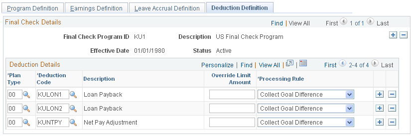 Final Check Program Table - Deduction Definition page
