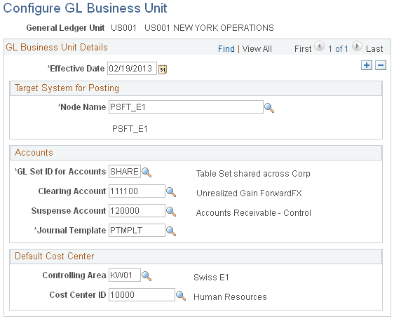 Configure GL Business Unit page