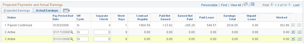 Contract Payment Details page (4 of 4), Actual Earnings tab