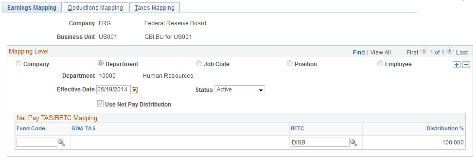 TAS BETC Mapping - Earnings Mapping page