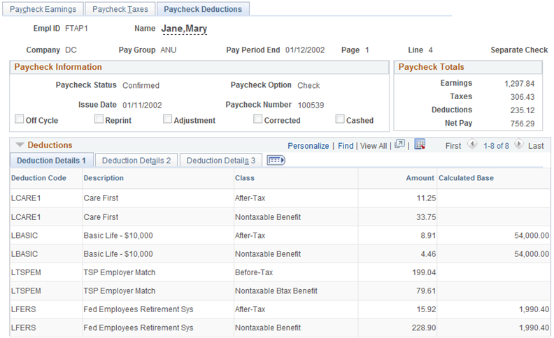 Paycheck Deductions page, annuitant retirement example