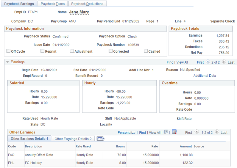 Paycheck Earnings page, annuitant Addl Line Nbr 1 example