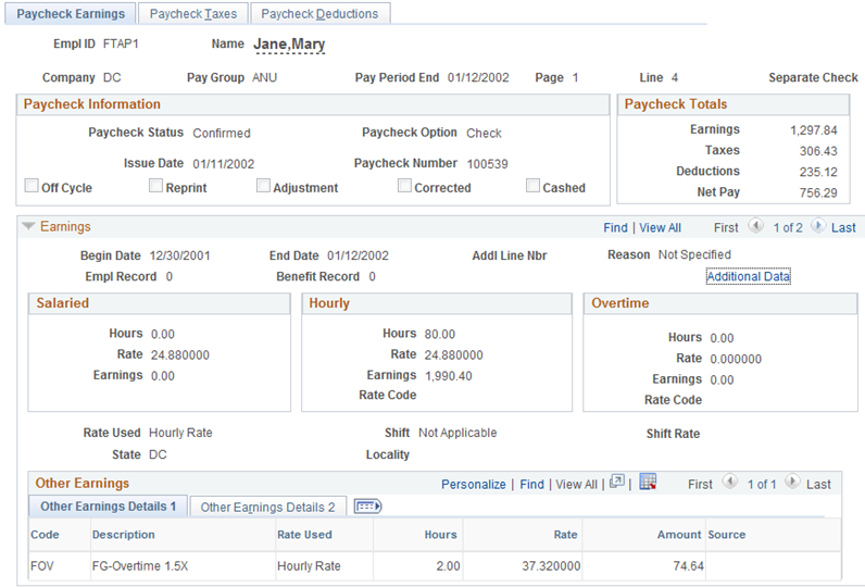 Paycheck Earnings page, annuitant Addl Line Nbr 0 example