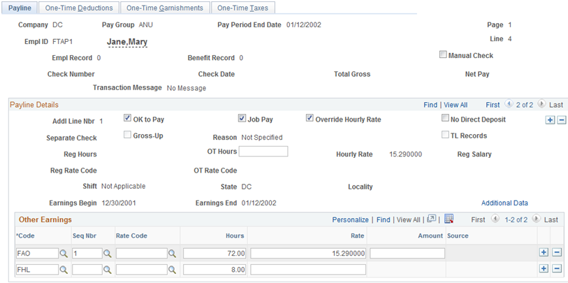 Payline page, annuitant Addl Line Nbr 1 example