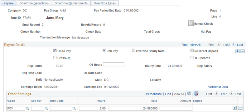 Payline page, annuitant Addl Line Nbr 0 example