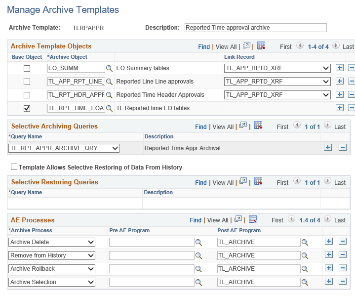 Manage Archive Templates page for Reported Time Approval archive