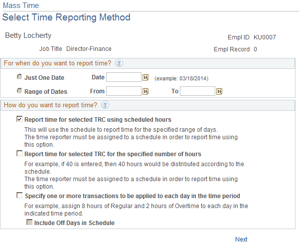 Mass Time - Select Time Reporting Method page