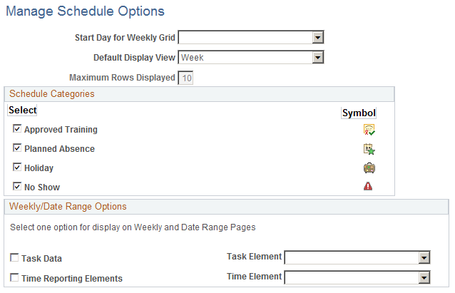 Manage Schedules Options page
