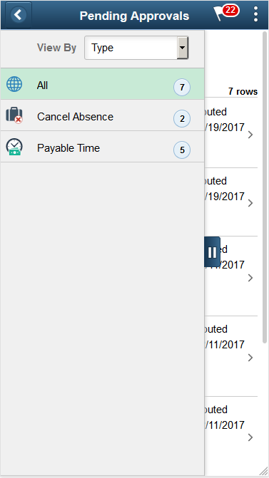 (Smartphone) Payable Time - Pending Approvals left pane Page