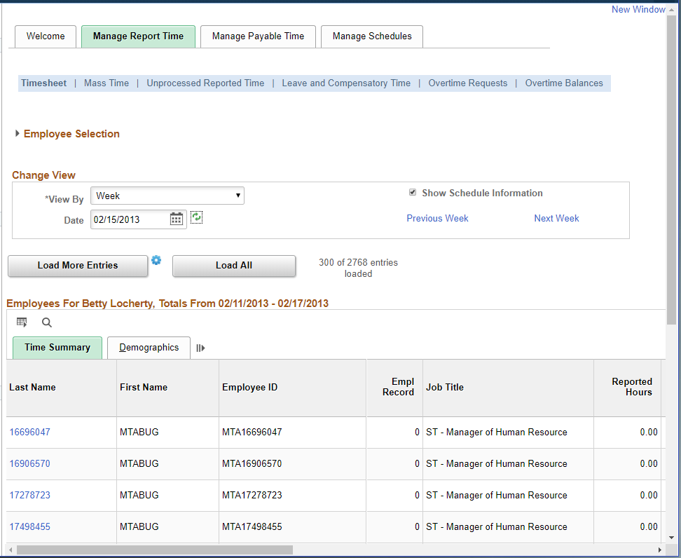 Manage Report Time tab in the Time and Labor WorkCenter