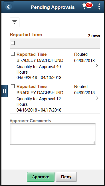 (Smartphone) Pending Approvals -Reported Time Right Pane
