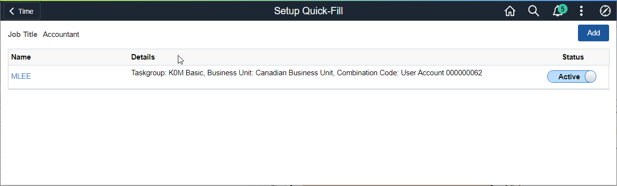 Setup Quick Fill page with ChartFields selected