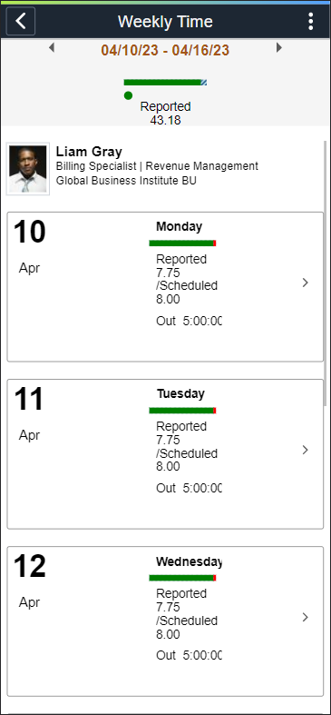 Weekly Time page (Time Summary Navigation)for Mobile
