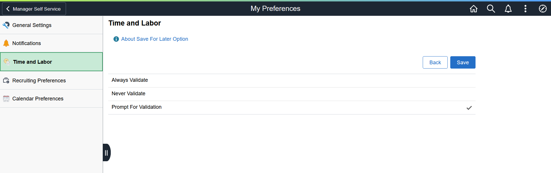 Save For Later section of the Time Reporting Preferences page