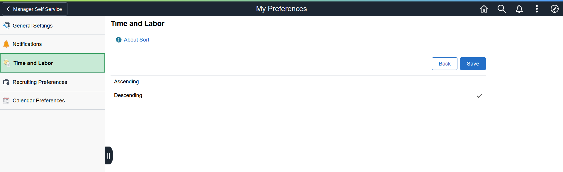 Sort section of the Time Reporting Preferences page