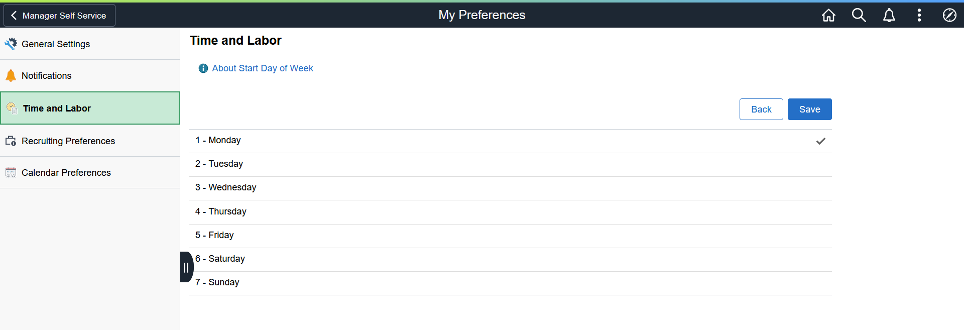 Start Day of Week section of the Time Reporting Preferences page