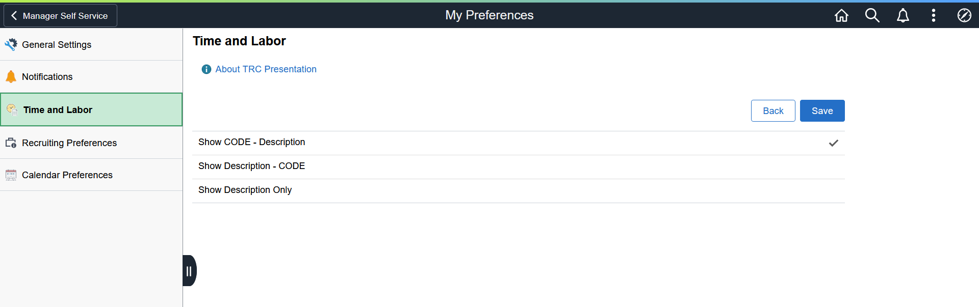 TRC Presentation section of theTime Reporting Preferences page