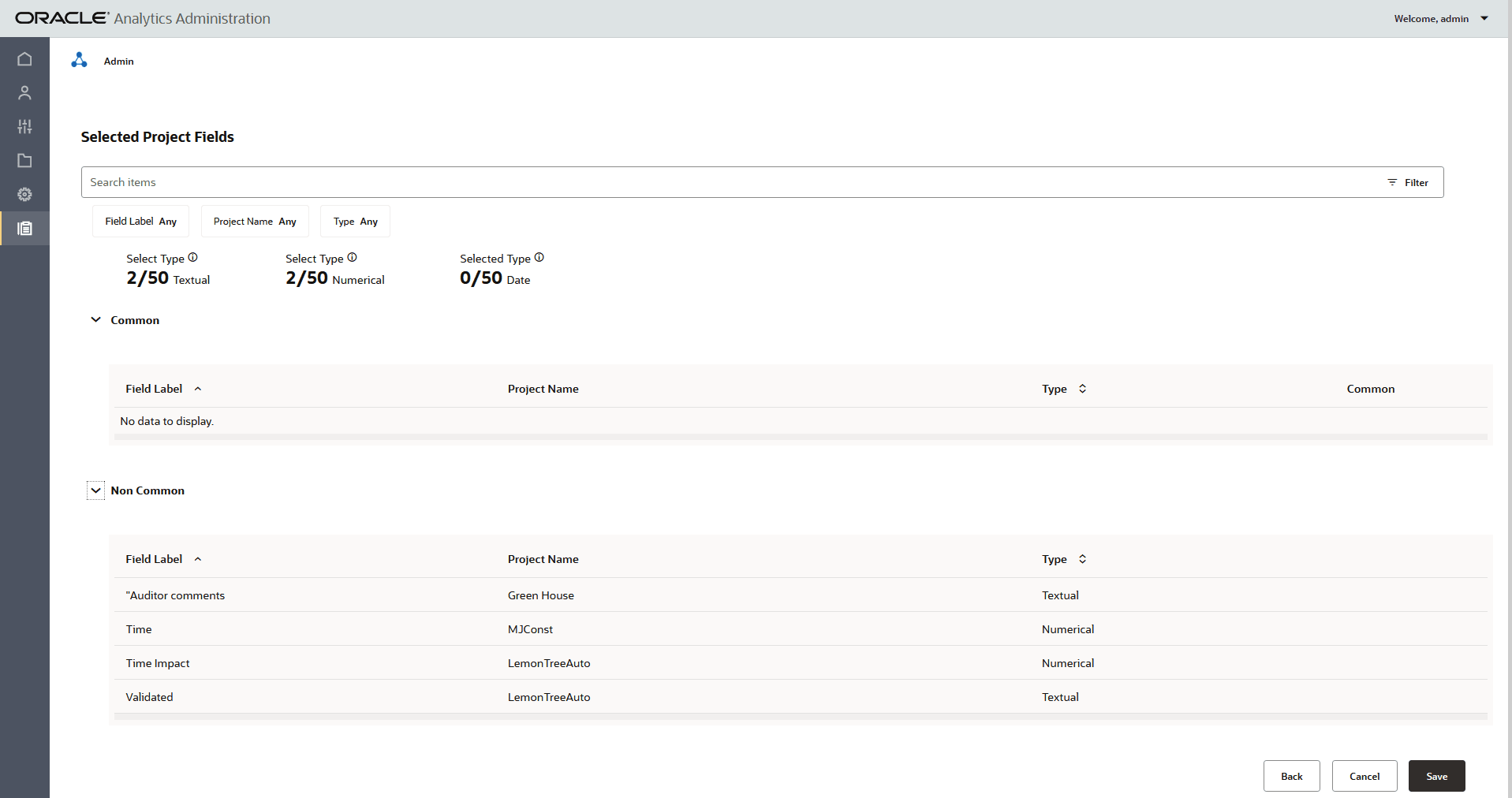 Selected Project Fields Page for Aconex