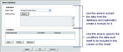 Use this area to extract the data from the database and (optionally) create a formula for it. Use this area to specify the conditions the data must meet to be included in this column on the sheet.