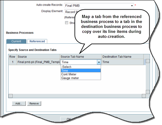 Map a tab from the referenced business to a tab in the destination business process to copy over its line items during auto-creation.
