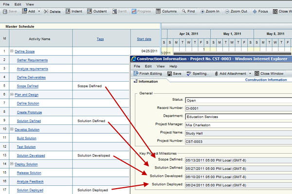 This image depicts how schedule sheet tags can appear in project milestones.