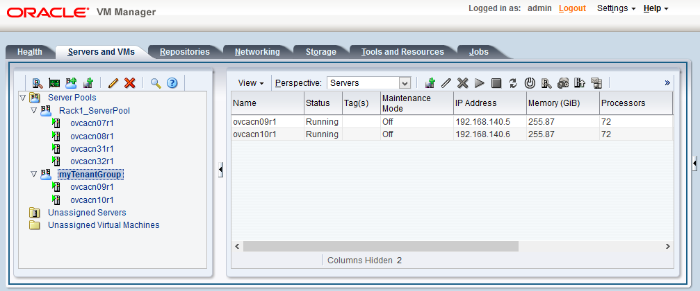Screenshot showing the Servers and VMs tab of the Oracle Private Cloud Appliance Dashboard. The newly created tenant group appears in the Server Pools list and contains the two servers that were added as part of the procedure.
