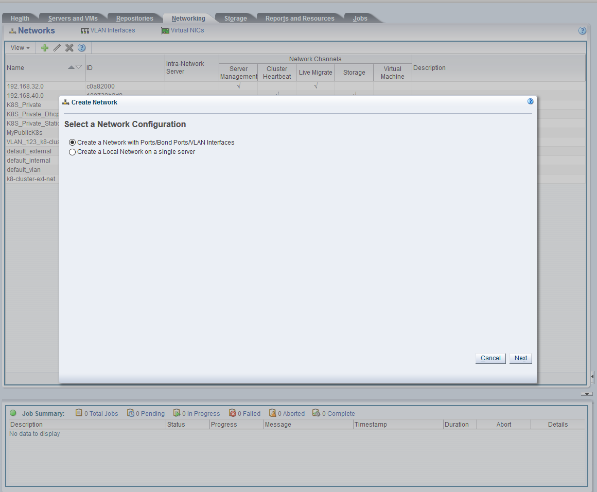 Screenshot showing the Select a Network Configuration screen of the Create Network wizard.