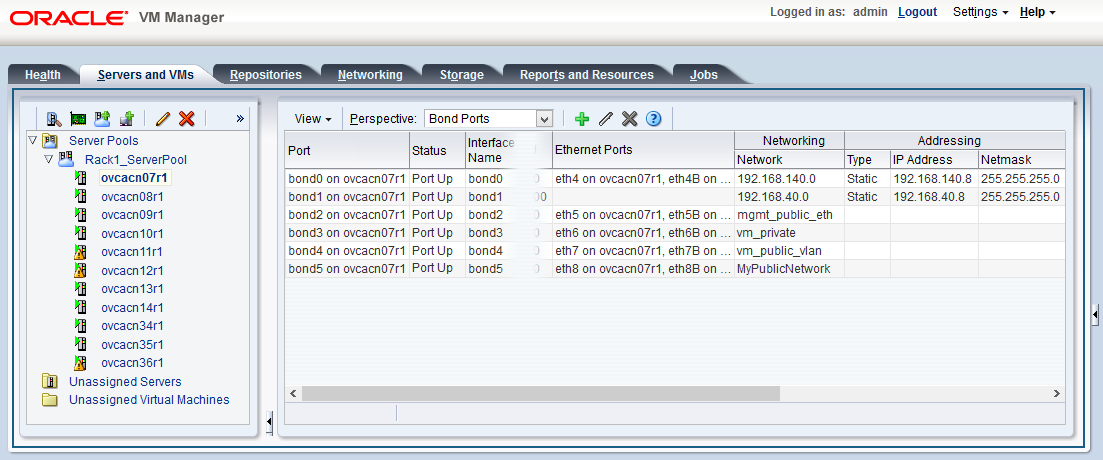 Screenshot showing the Servers and VMs tab of the Oracle Private Cloud Appliance Dashboard. Details are shown of the network configuration on one of the compute nodes that was added to the new custom network.