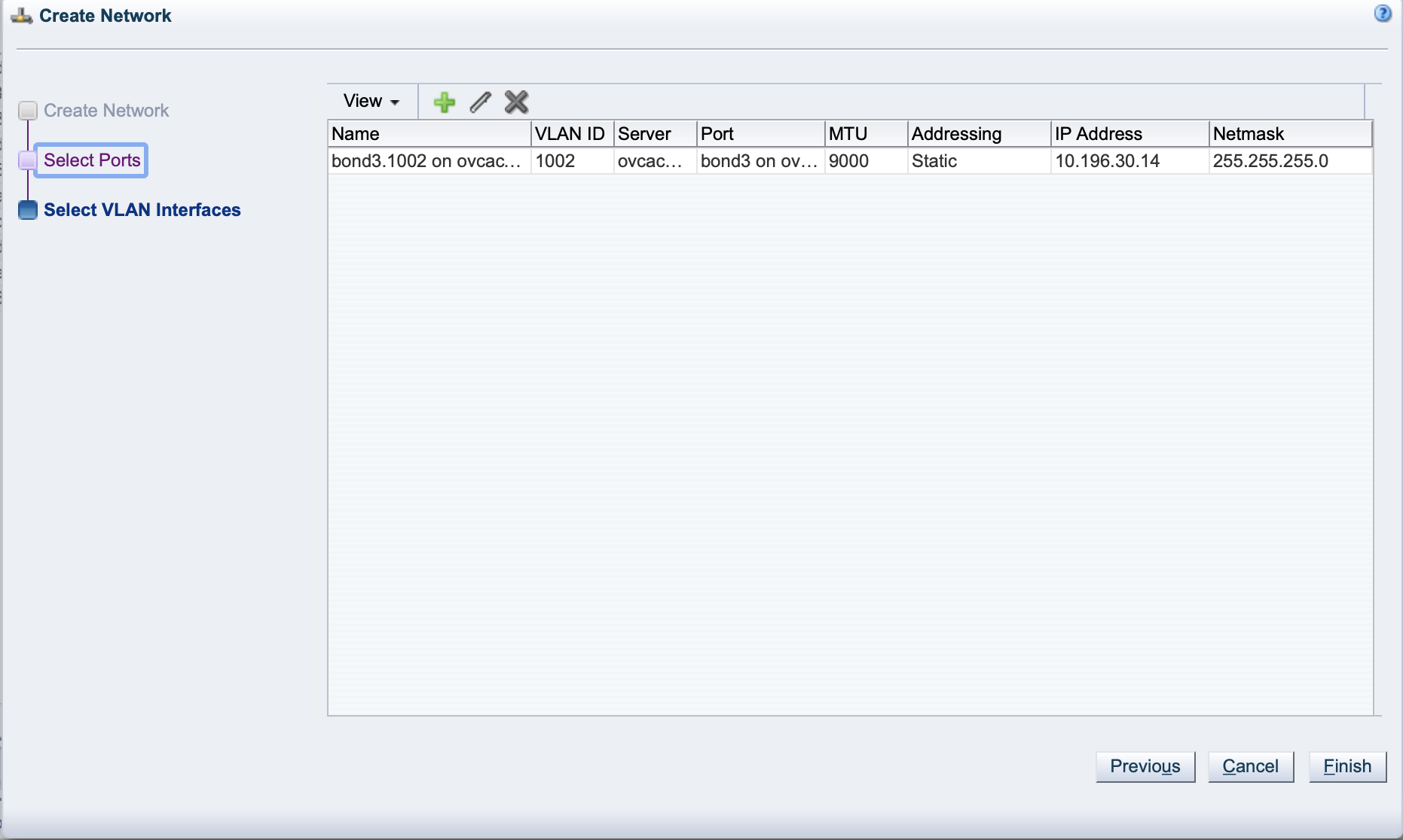 Screenshot showing the Select Ports page of the Create Network wizard.