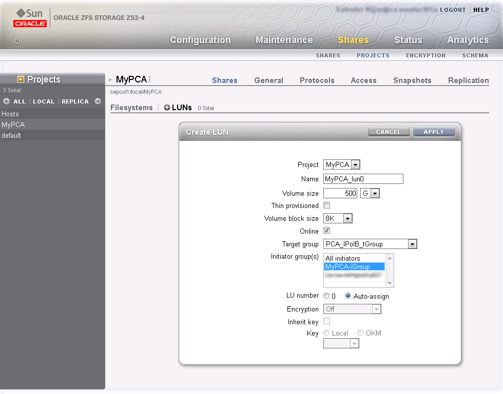 Figure showing ZFS Storage Appliance Create LUN dialog. A LUN is configured for the target and initiator groups created in the previous steps.