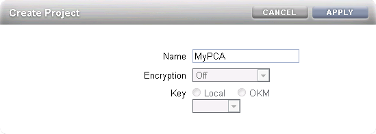 Figure showing ZFS Storage Appliance storage project configuration for InfiniBand. The illustration shows the dialog to add a new project. Enter a name to properly identify the project.