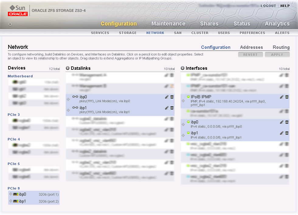 Figure showing ZFS Storage Appliance interface configuration for InfiniBand. The connectivity configuration is now final and active.