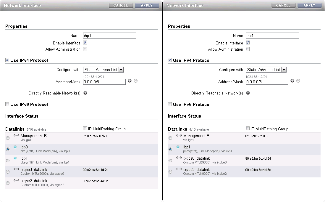 Figure showing ZFS Storage Appliance interface configuration for InfiniBand. The illustration shows the interfaces configured with default options; one interface for each datalink configured in the previous step. A netmask has been added to the interfaces to prevent the system from probing and checking all routing details.